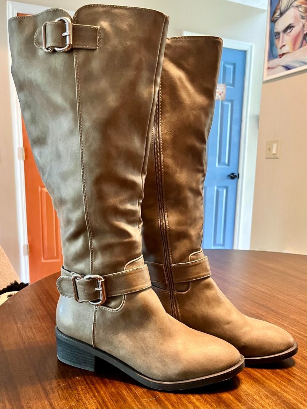 Madden Girl Faux Leather Riding Boots in Taupe with Buckle Straps Size 8M